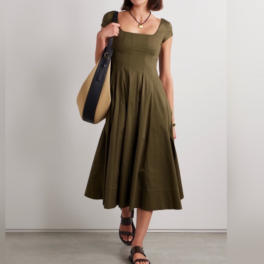 STAUD Short Sleeve Wells Midi Dress NWT!! size 4 beautiful Sergeant Green🍀